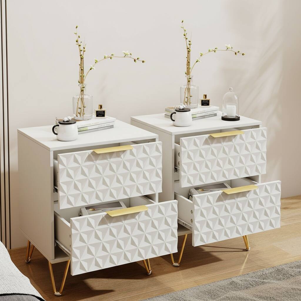 Front. Kadyn - 2-Piece Diamond Pattern Nightstand Set with Gold Handles and Hairpin Legs - White - White.