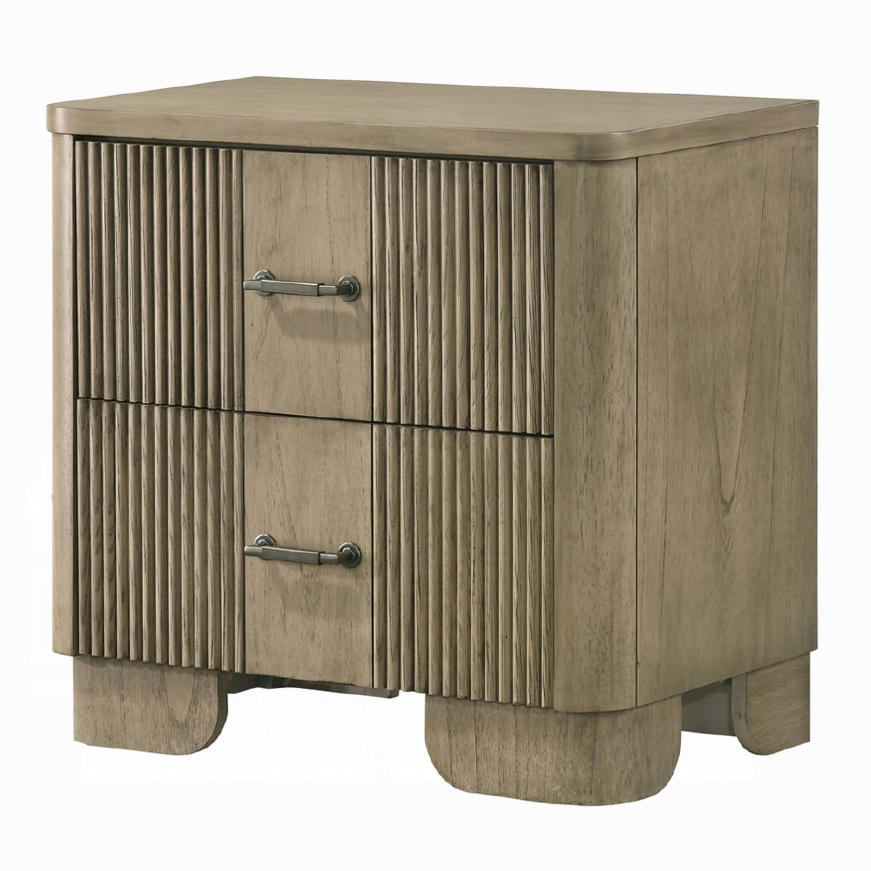 Front. Manhattan Lane - Leky Nightstand, 2 Reeded Drawers, Rounded Corners - Antique Oak Brown.