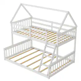 Costway - Twin Over Full House Bunk Bed with Ladder & Guardrails Convertible to 2 Beds - White