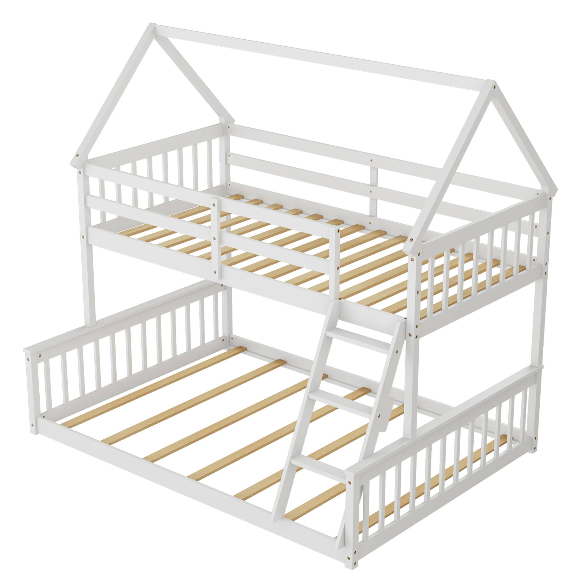 Costway - Twin Over Full House Bunk Bed with Ladder & Guardrails Convertible to 2 Beds - White