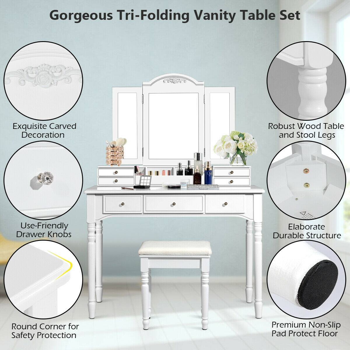 Gorgeous Tri-Folding Vanity Table Set

- Exquisite Carved Decoration
- Robust Wood Table and Stool Legs
- Use-Friendly Drawer Knobs
- Elaborate Durable Structure
- Round Corner for Safety Protection
- Premium Non-Slip Pad Protect Floor