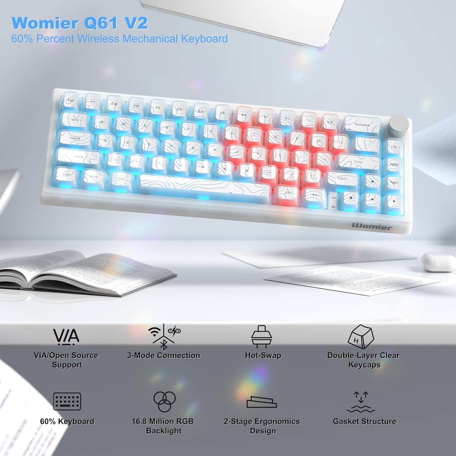 Womier Q61 V2 60% Percent Wireless Mechanical Keyboard

- VIA/Open Source Support
- 3-Mode Connection
- Hot-Swap
- Double-Layer Clear Keycaps
- 60% Keyboard
- 16.8 Million RGB Backlight
- 2-Stage Ergonomics Design
- Gasket Structure