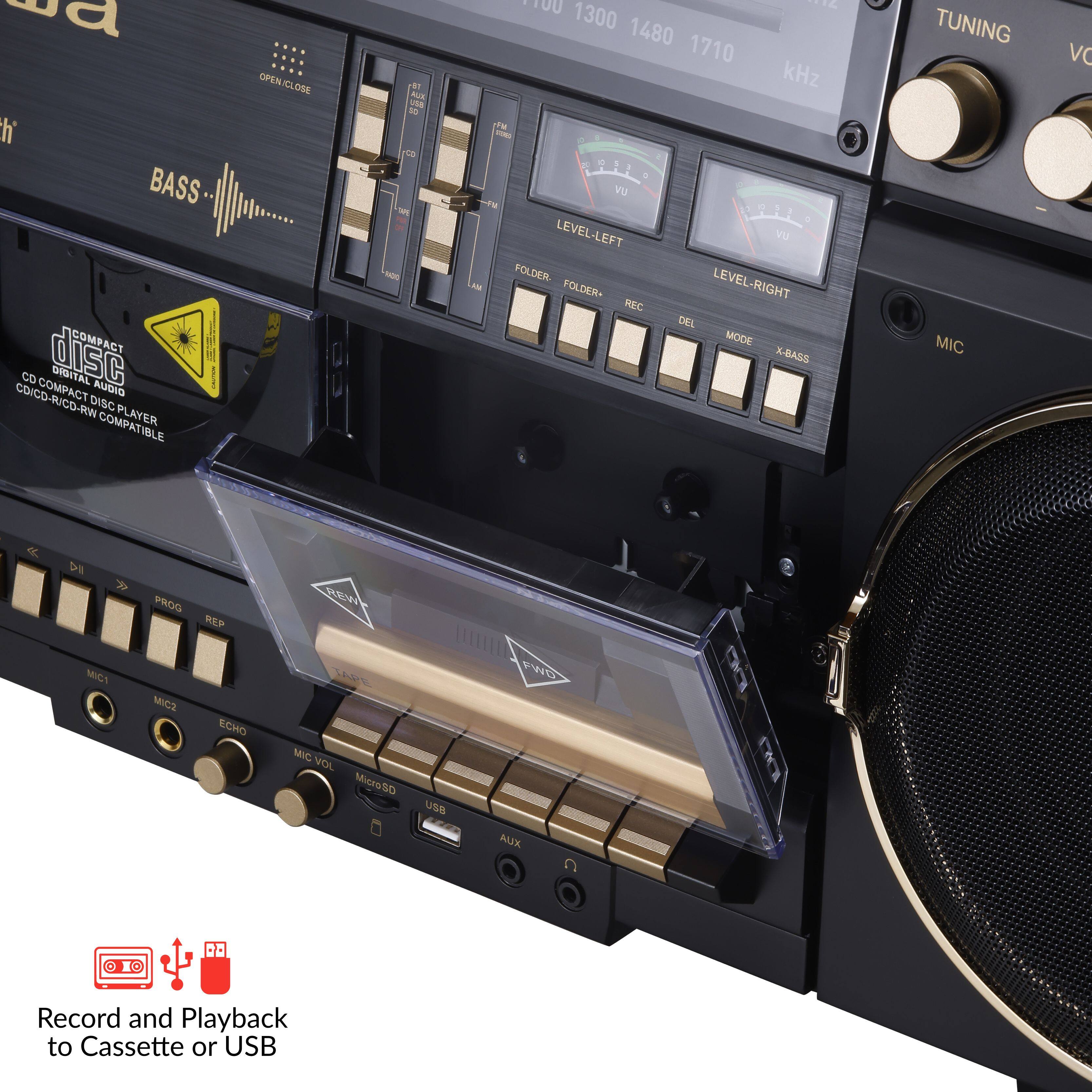 Sure, here is the corrected and grouped text from the image:

---

**BASS**  
COMPACT DISC  
CD/CD-R/CD-RW COMPATIBLE PLAYER  

**OPEN/CLOSE**  
10 - 10U - 4  

**TUNING**  
1300 1480 1710 kHz  

**LEVEL-LEFT**  
VU  

**LEVEL-RIGHT**  
VU  

**FOLDER**  
REC DEL MODE X-BASS  

**MIC**  
VOL  

**MIC1**  
MIC2  

**ECHO**  

**PROG**  
REP  

**MIC VOL**  
MicroSD  
USB  
AUX  

**Record and Playback to Cassette or USB**  

---

This text is organized based on the layout and labels visible on the device.