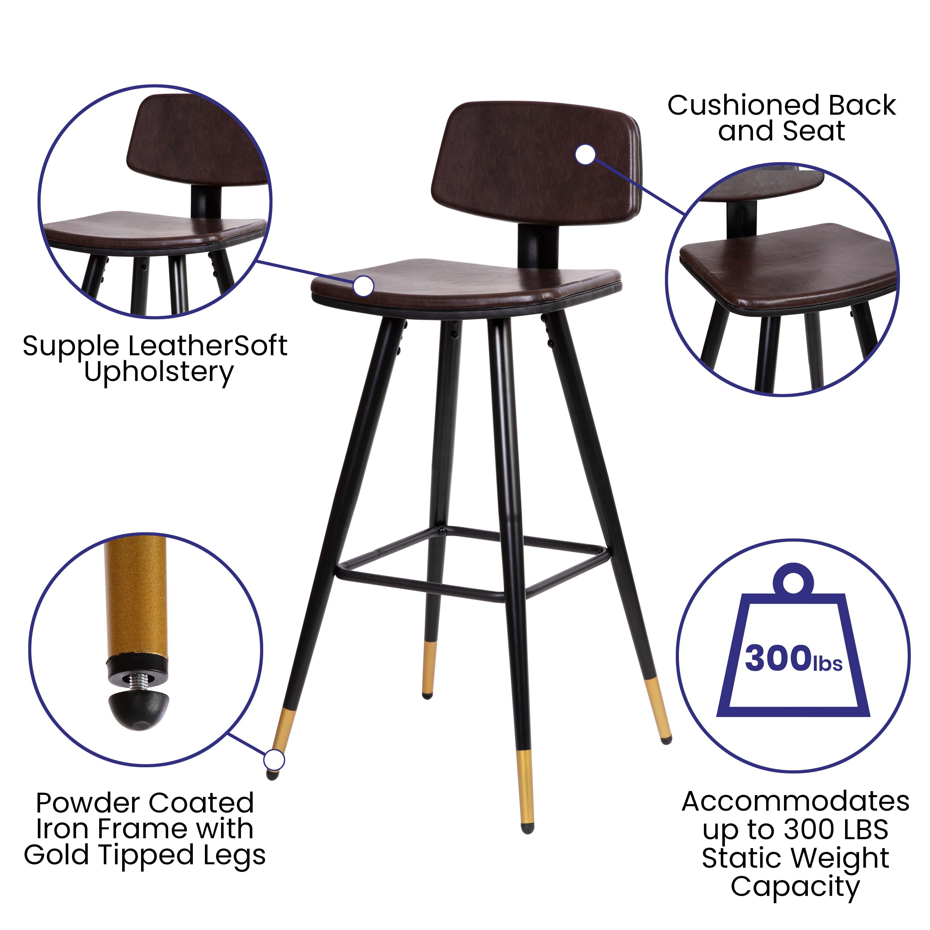Alt View 15. Alamont Home - Kora Commercial Grade Low Back Barstools-LeatherSoft Upholstery-Iron Frame-Integrated Footrest-Gold Tipped Legs-Set of 2 - Brown.