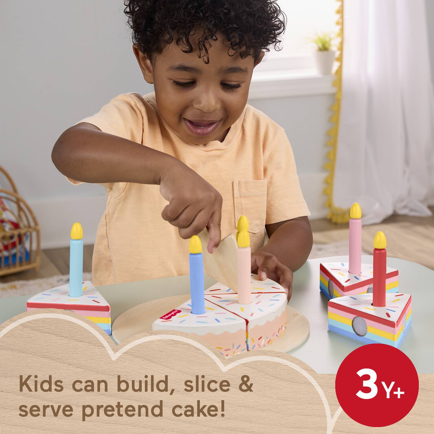 Kids can build, slice & serve pretend cake!  
3Y+