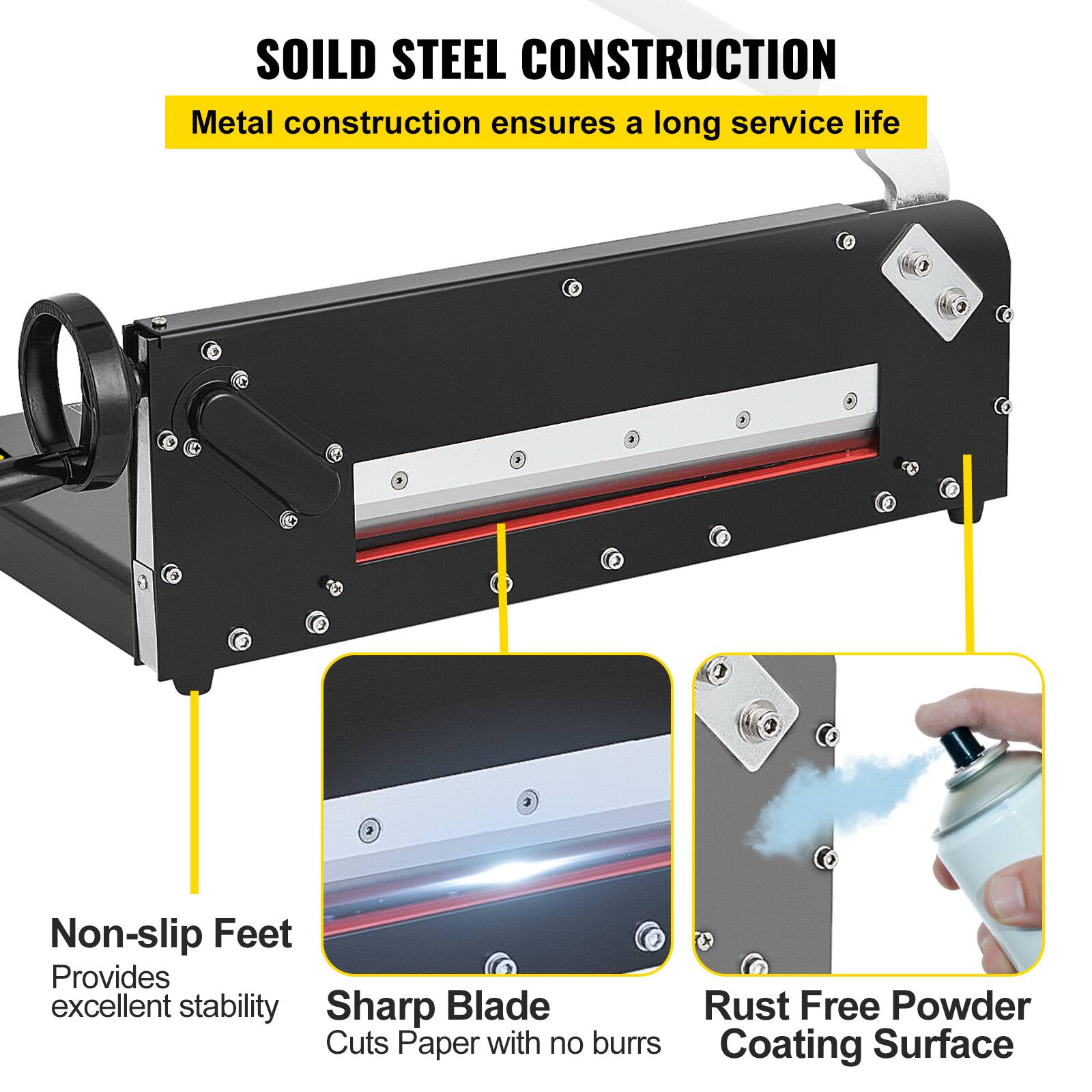SOILD STEEL CONSTRUCTION  
Metal construction ensures a long service life

- Non-slip Feet  
  Provides excellent stability

- Sharp Blade  
  Cuts Paper with no burrs

- Rust Free Powder Coating Surface