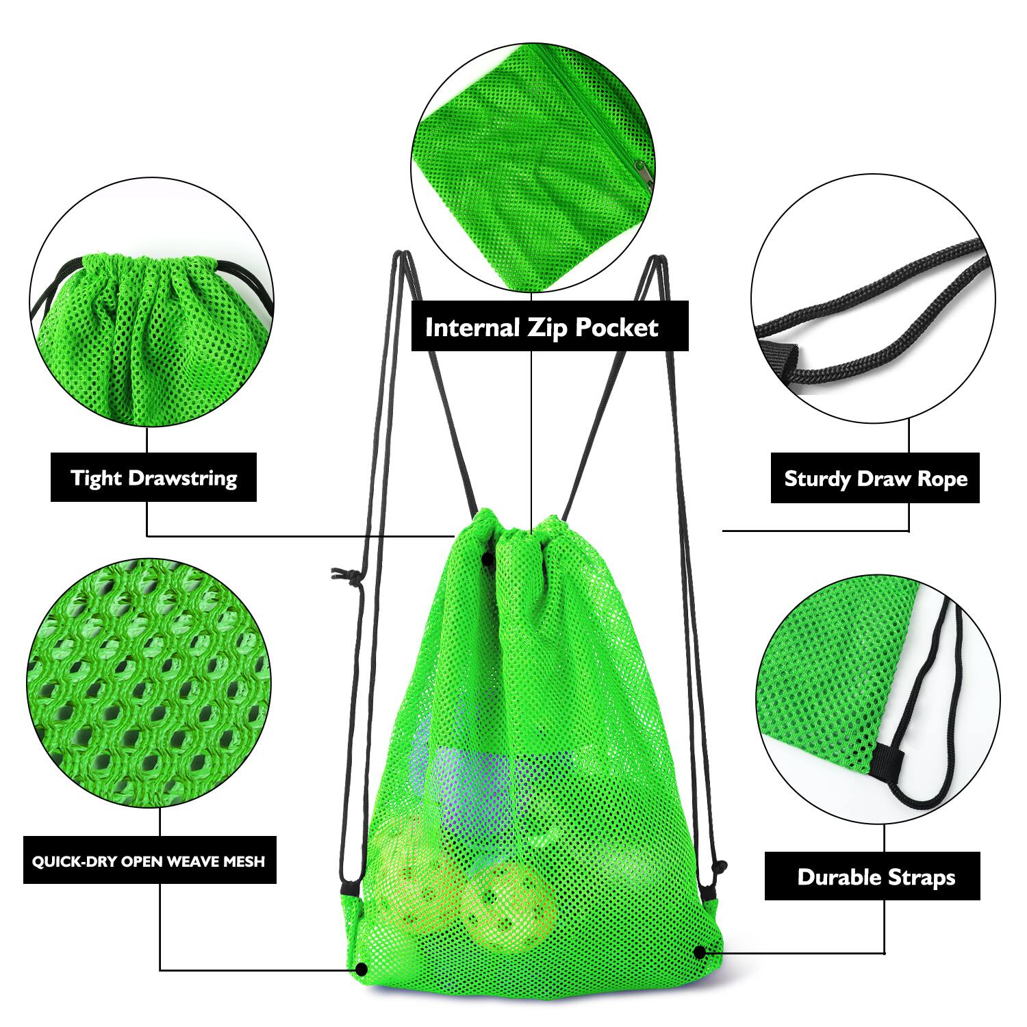 Internal Zip Pocket, Tight Drawstring, Sturdy Draw Rope, Quick-Dry Open Weave Mesh, Durable Straps
