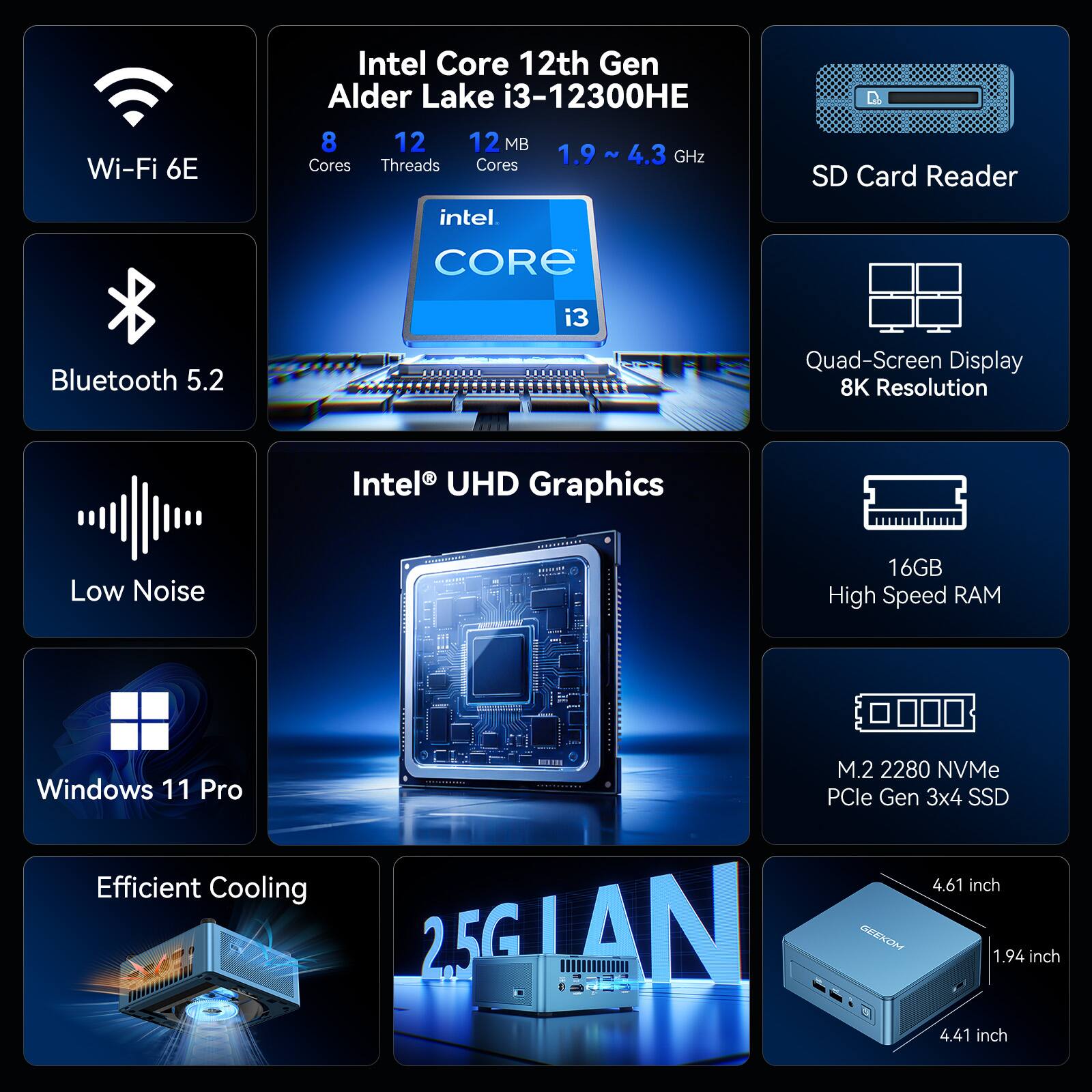 Wi-Fi 6E  
Intel Core 12th Gen Alder Lake i3-12300H  
8 Cores, 12 Threads, 12 MB  
1.9 - 4.3 GHz  
SD Card Reader  
Bluetooth 5.2  
Intel UHD Graphics  
Low Noise  
Windows 11 Pro  
Efficient Cooling  
16GB High Speed RAM  
M.2 2280 NVMe PCIe Gen 3x4 SSD  
Quad-Screen Display 8K Resolution  
2.5G LAN  
Dimensions: 4.61 inch (W) x 1.94 inch (H) x 4.41 inch (D)