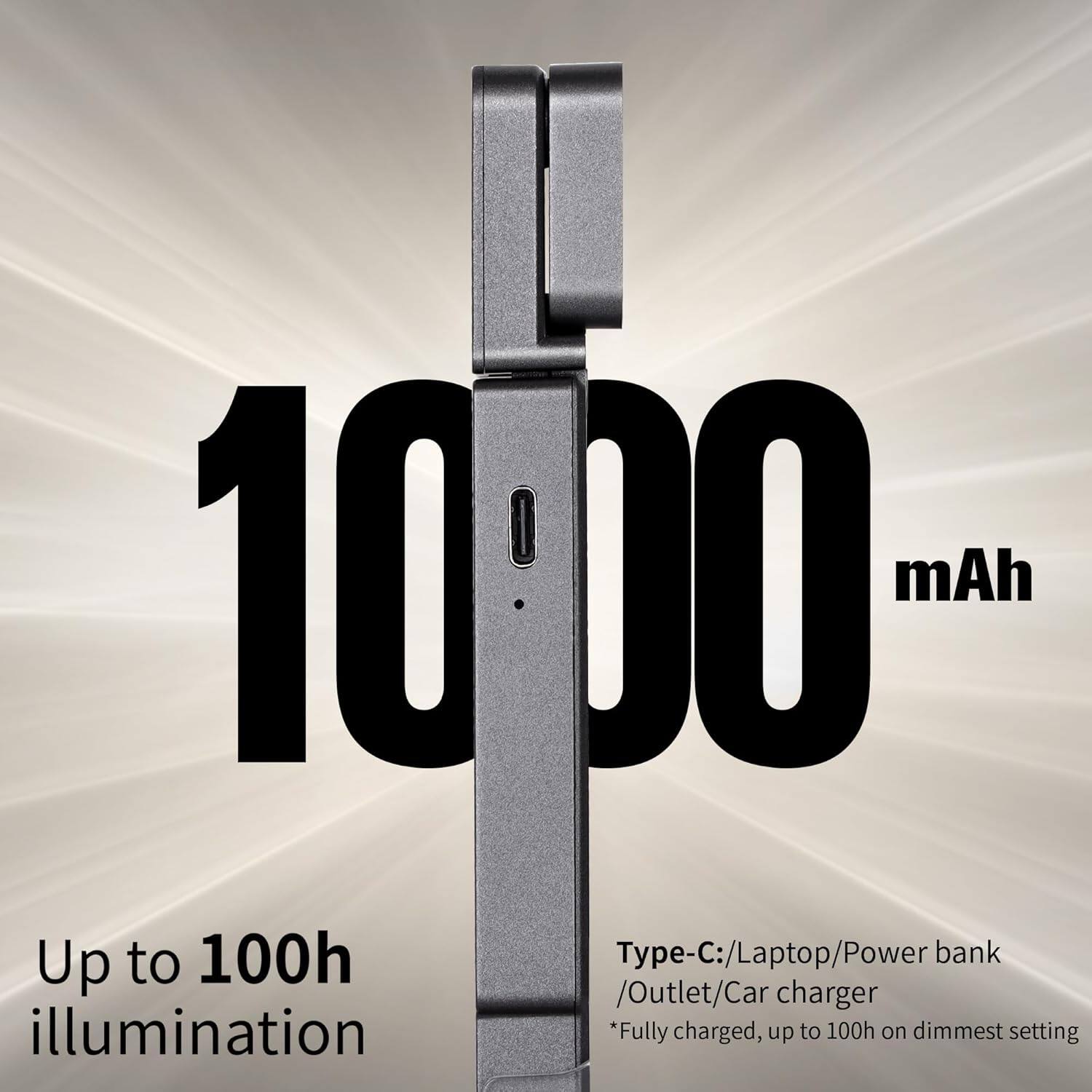 1000 mAh

Up to 100h illumination

Type-C: Laptop/Power bank/Outlet/Car charger

*Fully charged, up to 100h on dimmest setting
