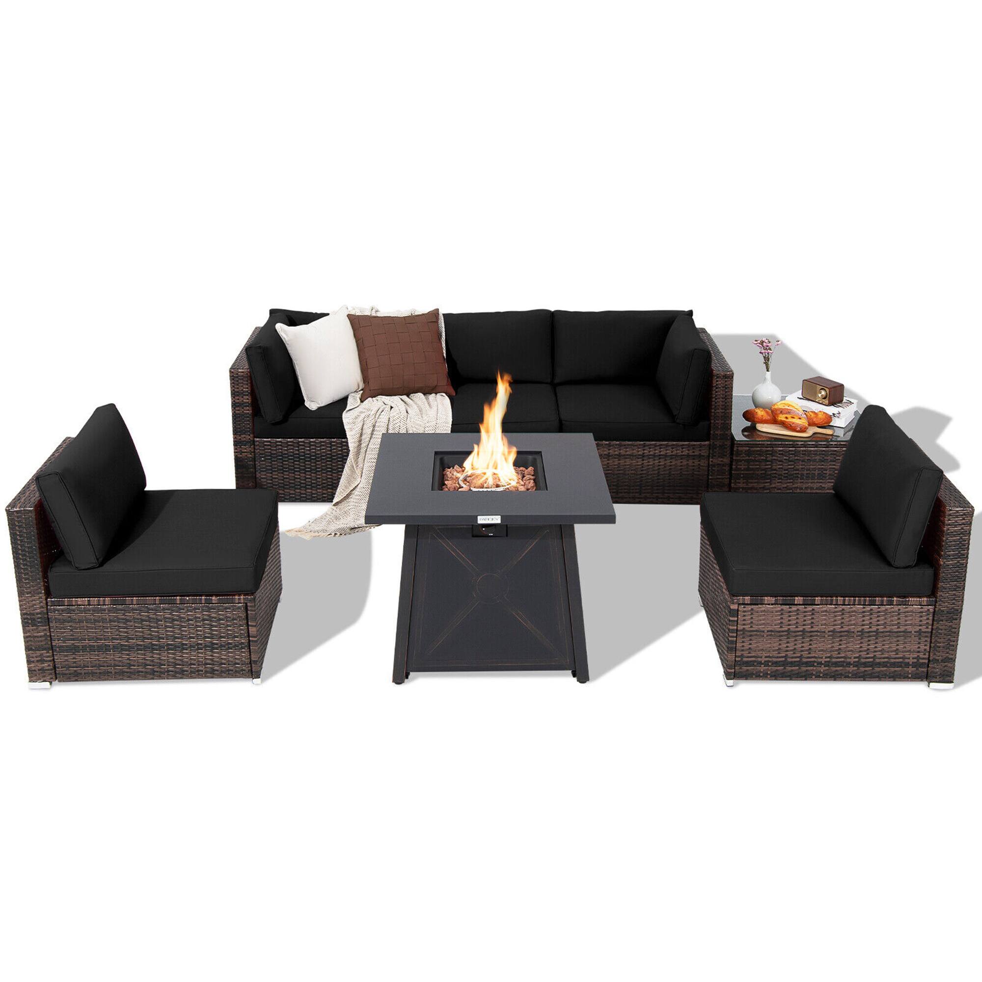 Alt View 1. Gymax - Gymax 7PCS Rattan Patio Sectional Furniture Set w/ 30'' Fire Pit Table & Black Cushion - Black.