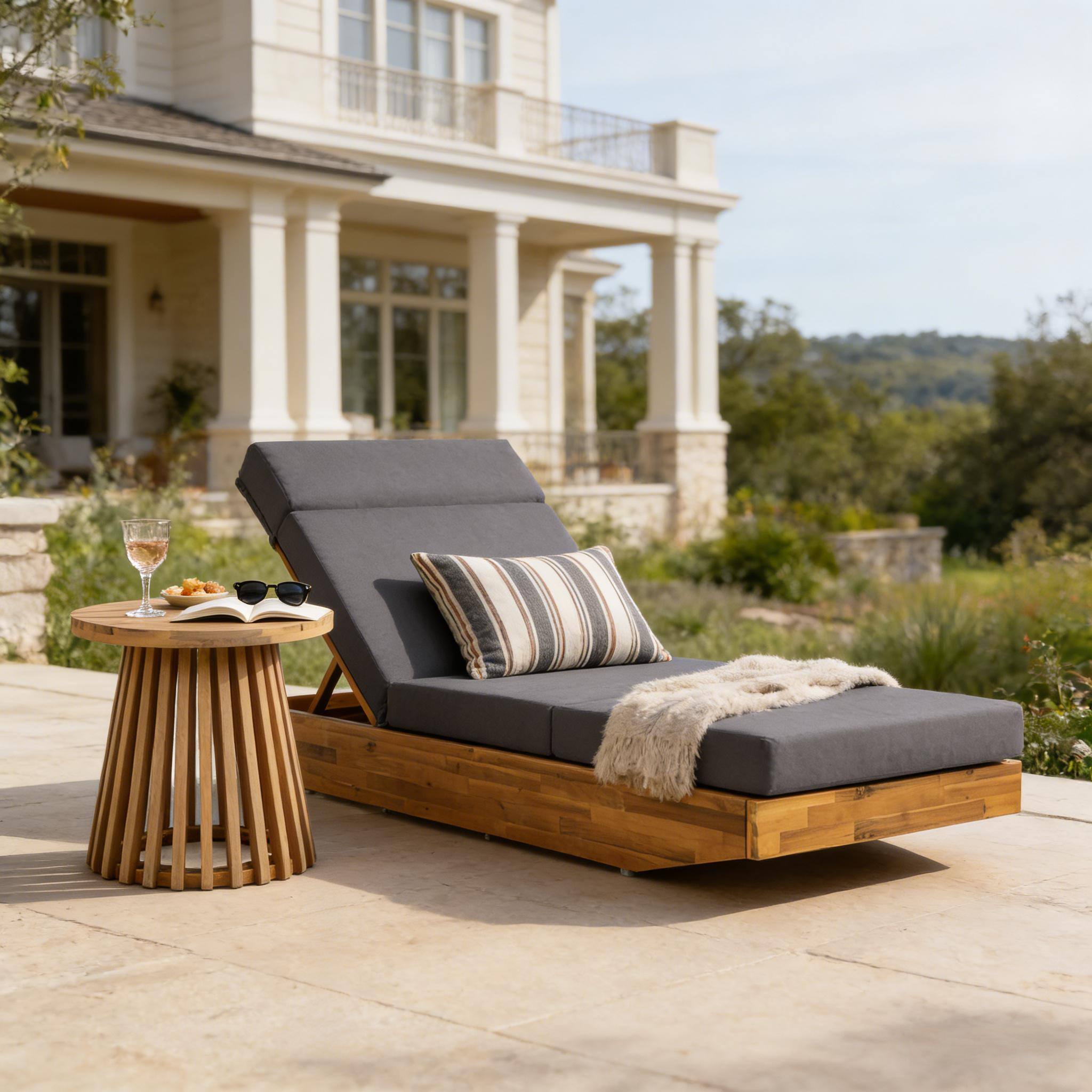 Angle. Anysun - Modern Acacia Wood Outdoor Chaise Lounge with Adjustable & Foldable Design, Water-Repellent Cushion - Dark Gray.