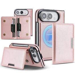 Dteck - 2-in-1 Magnetic Wallet Case for iPhone Duo with Detachable 5-Card Holder, Shockproof PU Leather Kickstand Cover - Rosegold
