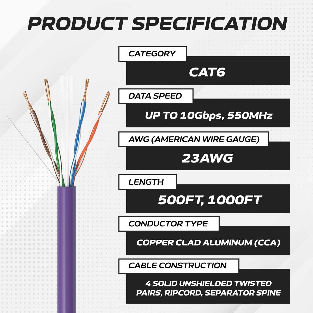 PRODUCT SPECIFICATION

CATEGORY: CAT6

DATA SPEED: UP TO 10Gbps, 550MHz

AWG (AMERICAN WIRE GAUGE): 23AWG

LENGTH: 500FT, 1000FT

CONDUCTOR TYPE: COPPER CLAD ALUMINUM (CCA)

CABLE CONSTRUCTION: 4 SOLID UNSHIELDED TWISTED PAIRS, RIPCORD, SEPARATOR SPINE