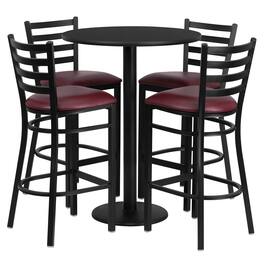 Flash Furniture - Jamie 30'' Round Black Laminate Table Set with Round Base and 4 Ladder Back Metal Barstools - Vinyl Seat - Burgundy