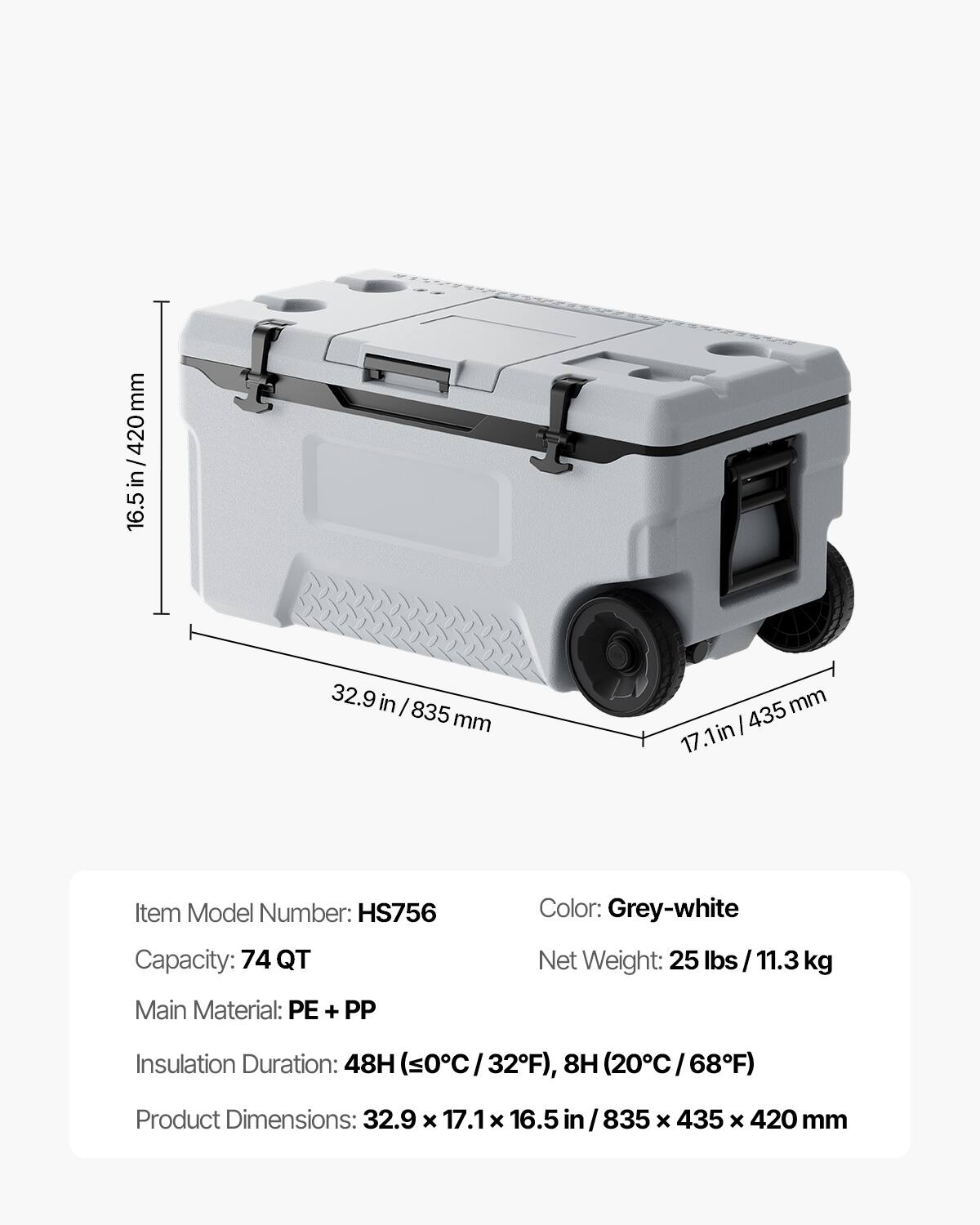 VEVOR Portable Cooler, 74 QT Wheeled Cooler with Ice Retention