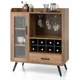 Hivvago - Mid-Century Modern Sideboard Wood Buffet Cabinet Wine Rack and Glass Storage - Rustic brown