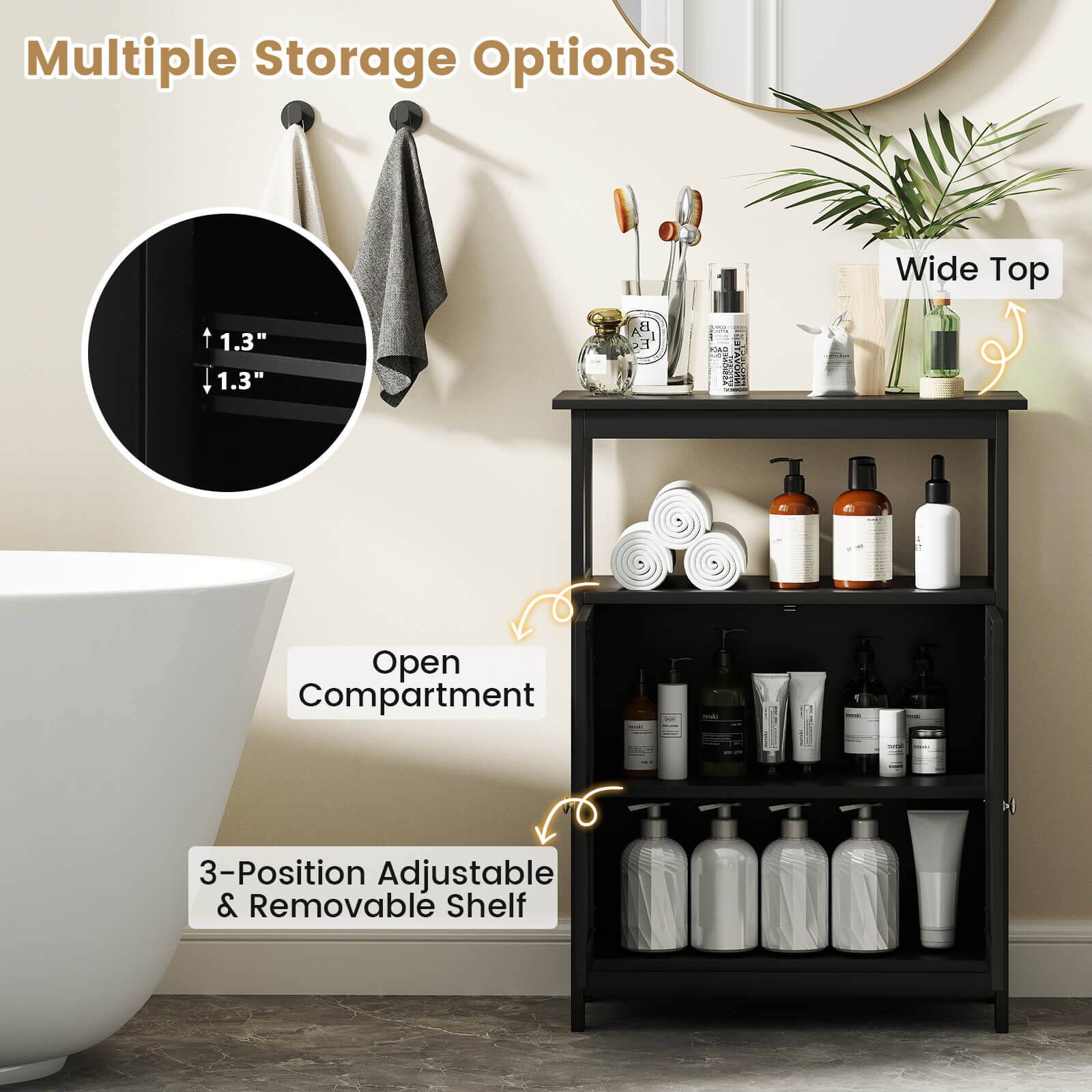 Multiple Storage Options:
1. 1.3" 1.3" BA  Wide Top
2. Open Compartment
3. 3-Position Adjustable & Removable Shelf