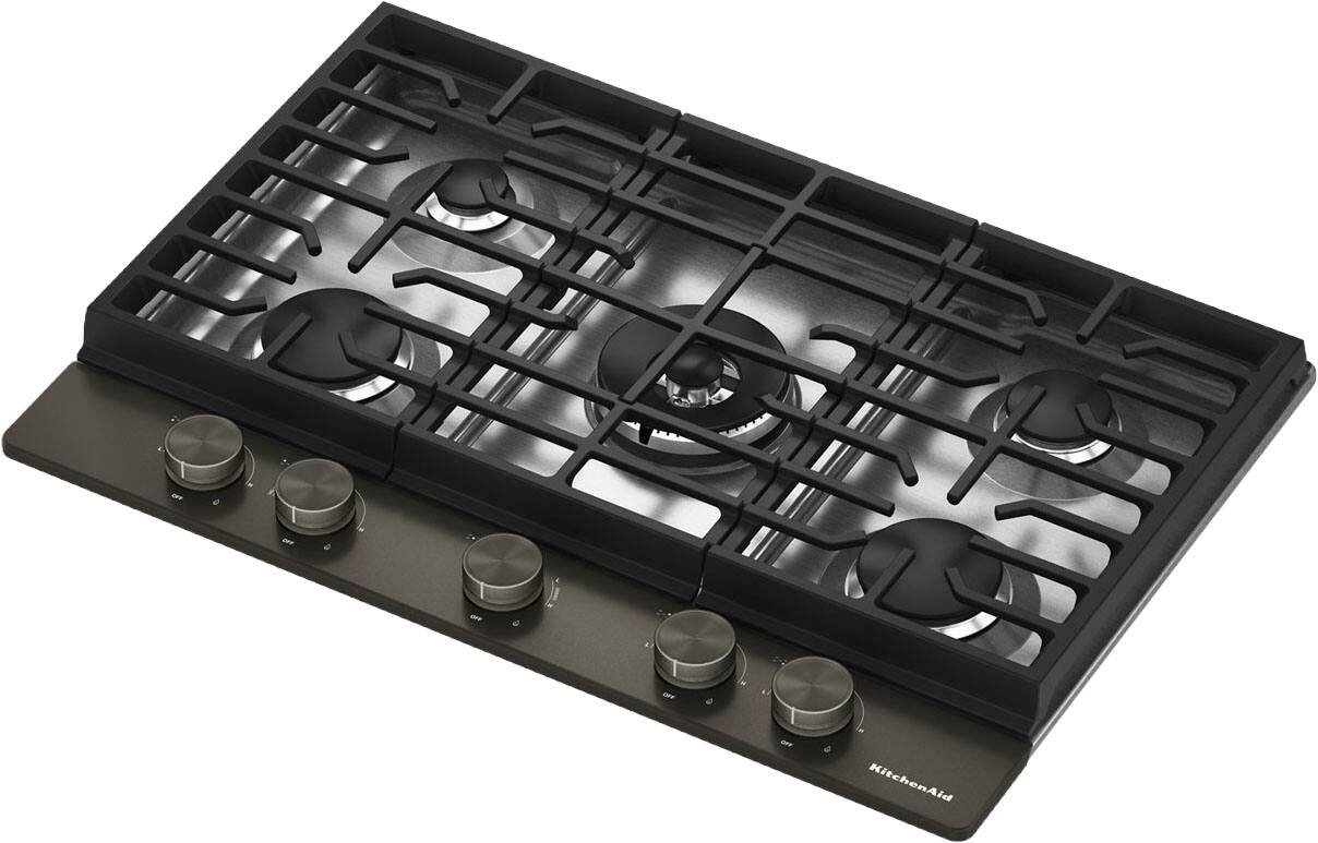 Left. KitchenAid - 30" Gas Cooktop with 5 Burners and Integrated Wok Grate - Stainless Steel.
