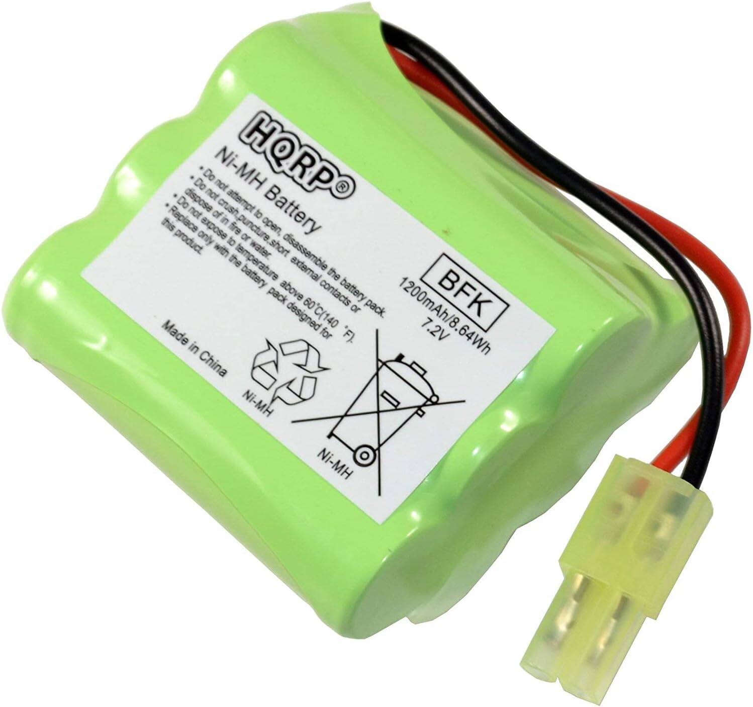 Do not dispose of this battery by fire, puncture, or short with water. Do not attempt to crush, disassemble, or expose to temperature above 60°C (140°F). Replace only with the same product. Made in China. Ni-MH Battery 1200mAh/8.64Wh 7.2V BFK