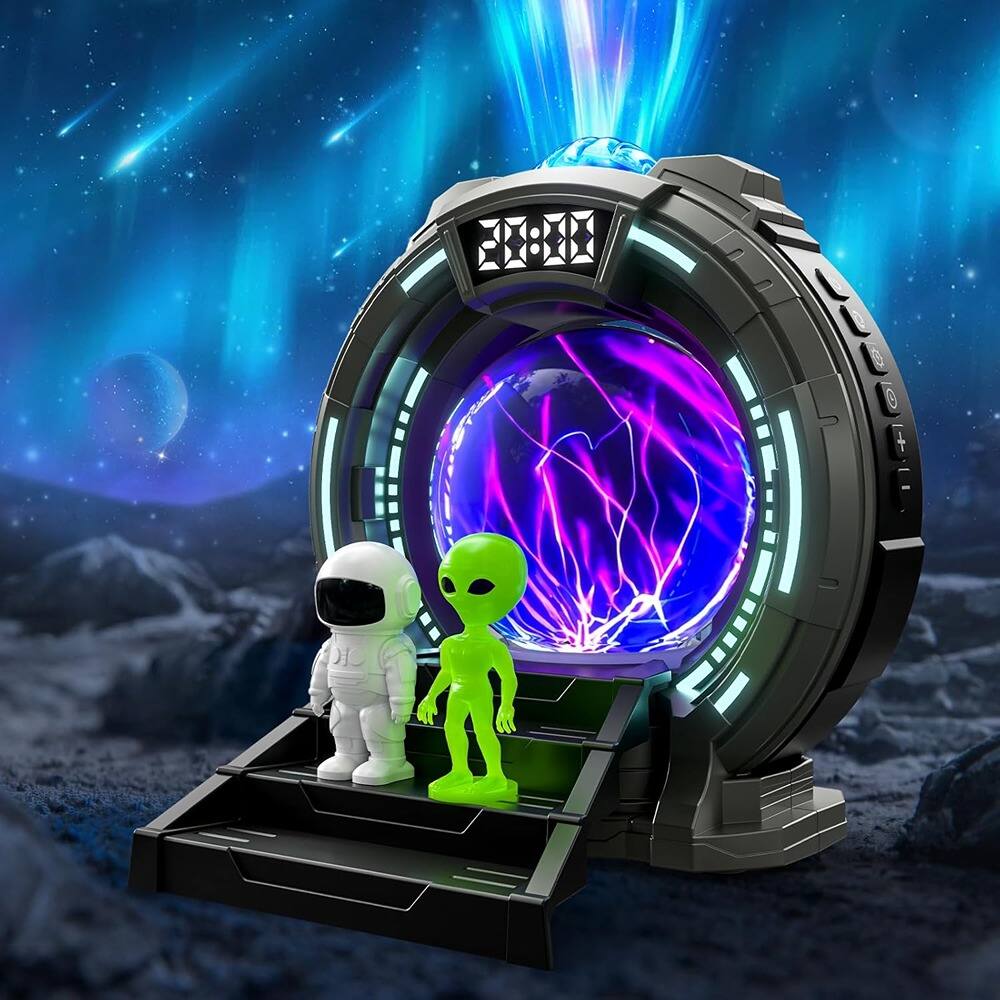 Angle. ACJPR - Aurora Projector with Plasma Ball, Remote Control, Bluetooth Speaker, Alarm Clock & LED Night Light with Figurines.