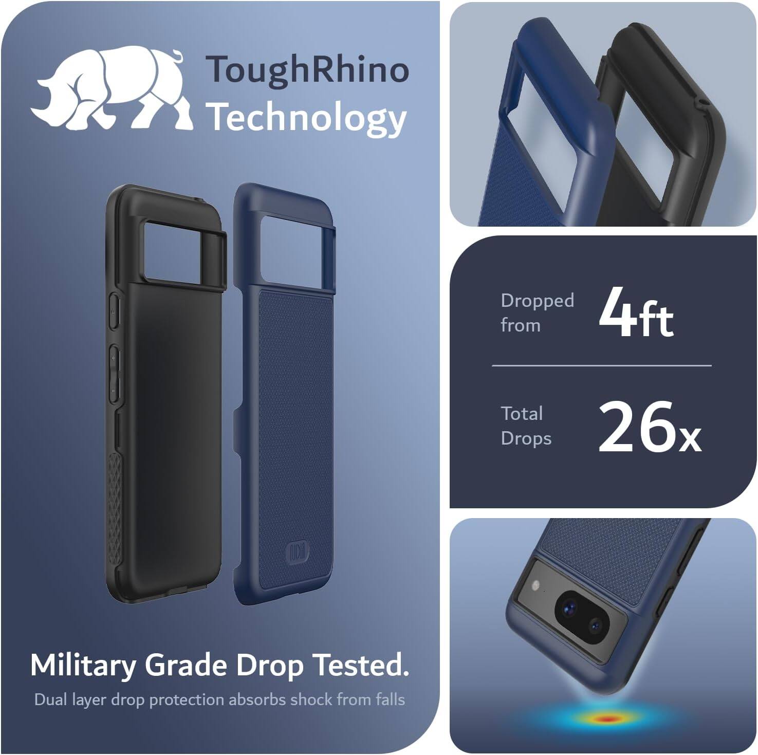 ToughRhino Technology

Dropped from 4ft  
Total Drops 26x

Military Grade Drop Tested.  
Dual layer drop protection absorbs shock from falls