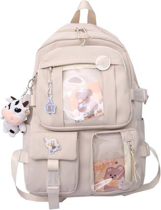 Front. Vulpecula Spade - Cute Backpack with Cute Pin Accessories Plush Pendant for School Bag Student Girl Backpack - Beige.