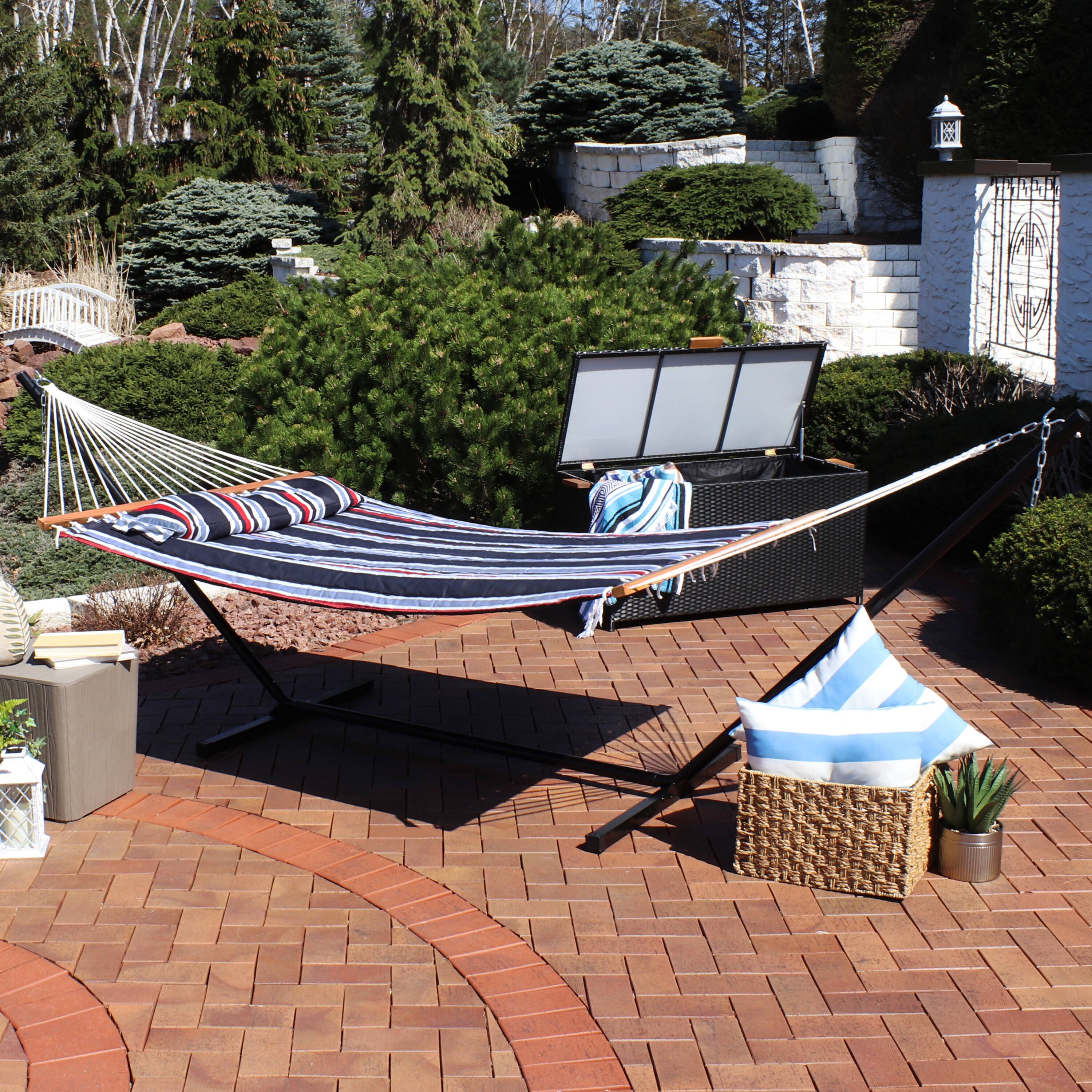 Alt View 4. Sunnydaze - Large Quilted Fabric Hammock with Steel Stand - Nautical Stripe.