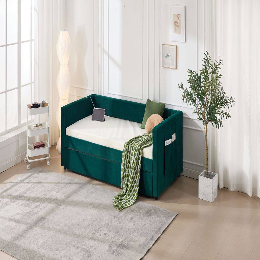 Alt View 7. Kadyn - Twin Upholstered Daybed with Trundle, USB Port & Side Pockets, Modern V-Grain Backrest, No Box Spring - Green.