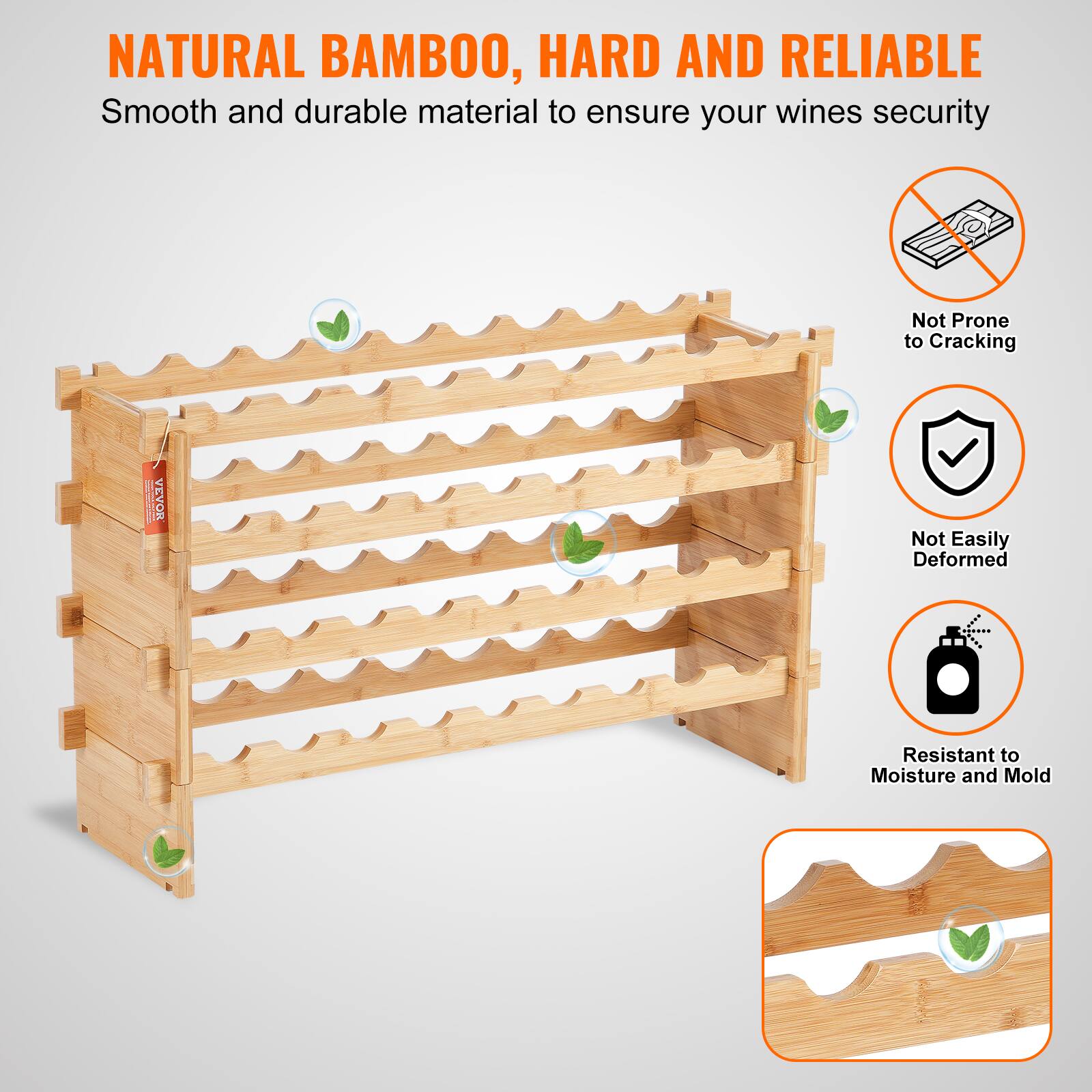 NATURAL BAMBOO, HARD AND RELIABLE  
Smooth and durable material to ensure your wines security  

- Not Prone to Cracking  
- Not Easily Deformed  
- Resistant to Moisture and Mold