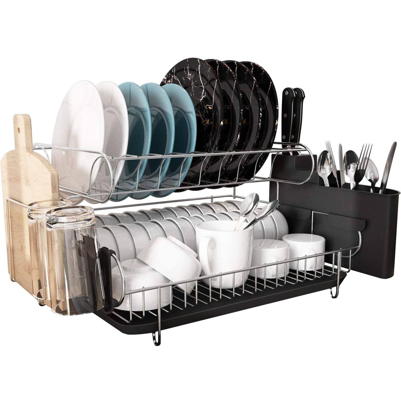 Malletson - 2-Tier Stainless Steel Dish Rack Large Capacity Kitchen Drying Rack - Black