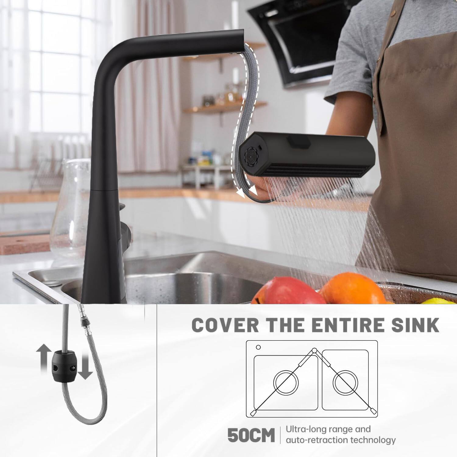 COVER THE ENTIRE SINK

Ultra-long range and 50CM auto-retraction technology