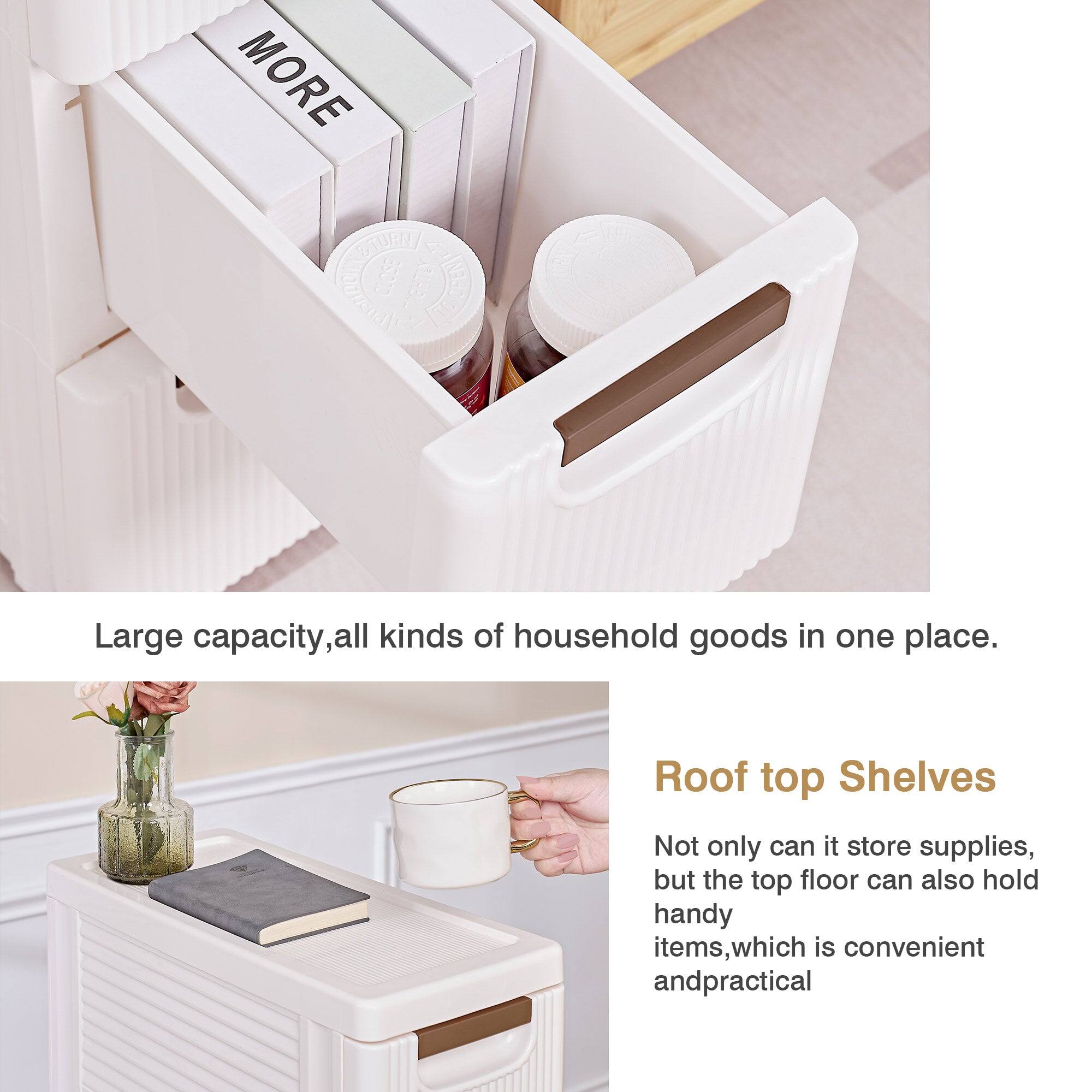 **MORE**

**Large capacity, all kinds of household goods in one place.**

**Roof top Shelves**

- Not only can it store supplies, but the top floor can also hold handy items, which is convenient and practical.