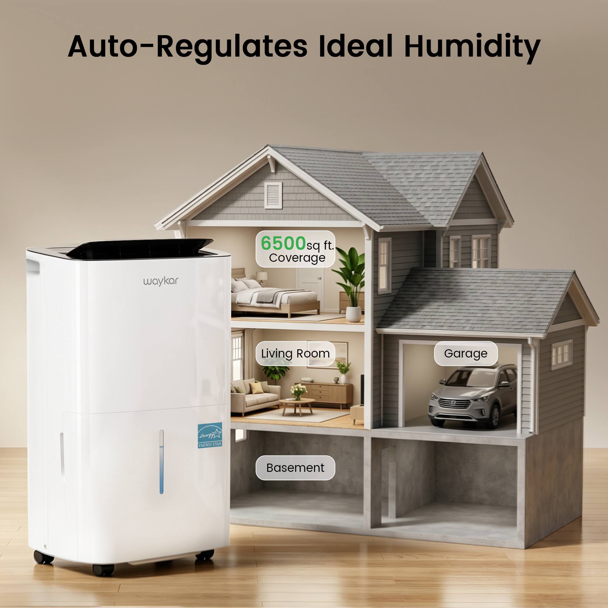Auto-Regulates Ideal Humidity  
6500 sq ft. Coverage  
Living Room  
Garage  
Basement