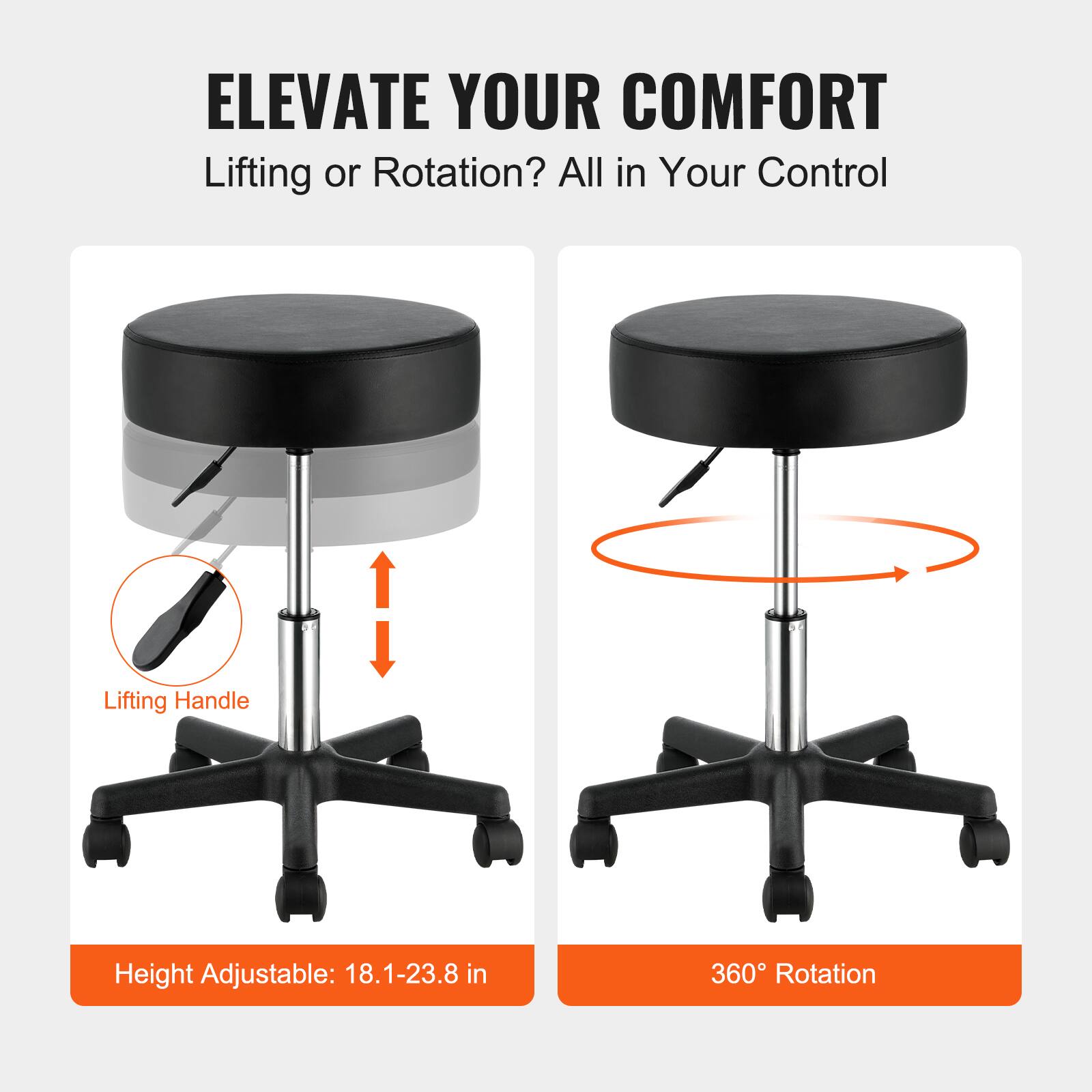 ELEVATE YOUR COMFORT, Lifting or Rotation? All in Your Control, Lifting Handle, Height Adjustable: 18.1-23.8 in, 360° Rotation