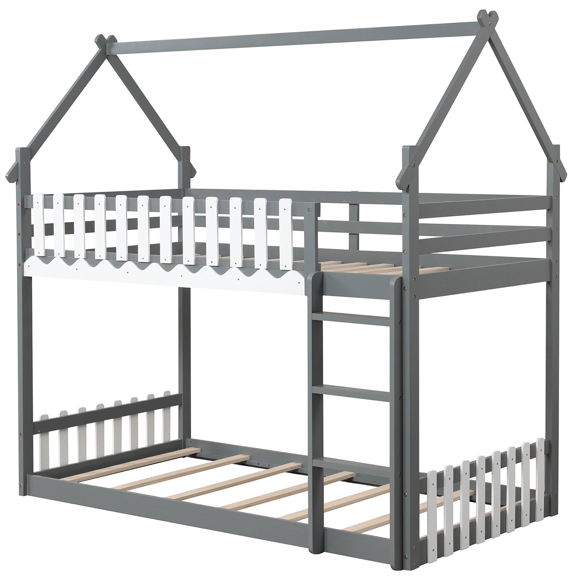 Alt View 9. Gymax - Gymax Twin Over Twin Bunk Bed w/ Fence & Ladder Solid Wood Floor Bunk Bed for Kids Gray - Gray, White.