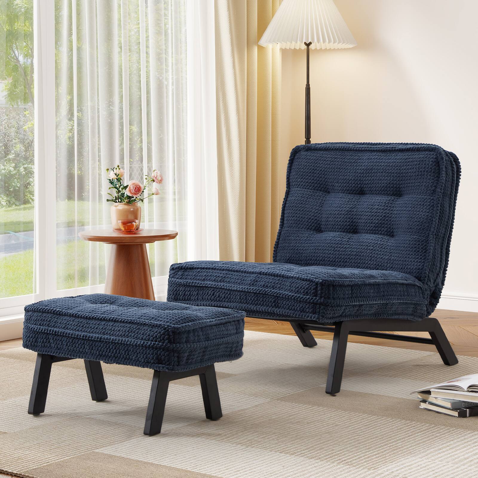 Left. Bestier - Accent Chair with Adjustable Backrest, Tufted Lounge Chair with Ottoman, Upholstered Reclining Chair for Reading Room - Navy Blue.