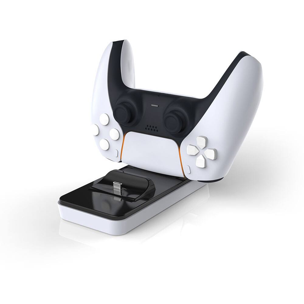 The image shows a white and black gaming controller with a unique design, featuring two large analog sticks, a directional pad, and several buttons. It is placed on a matching charging dock.