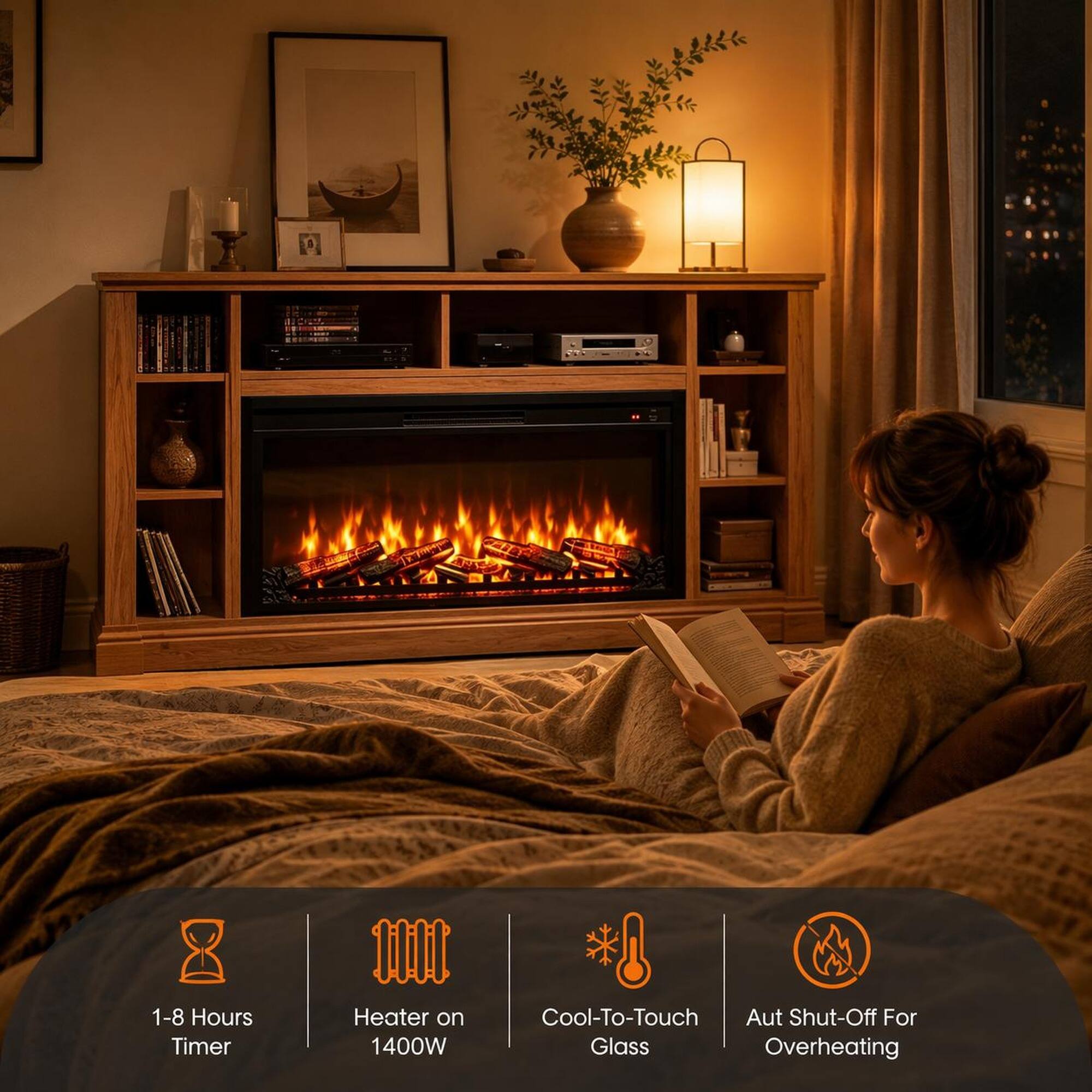 1-8 Hours Timer  
Heater on 1400W  
Cool-To-Touch Glass  
Aut Shut-Off For Overheating