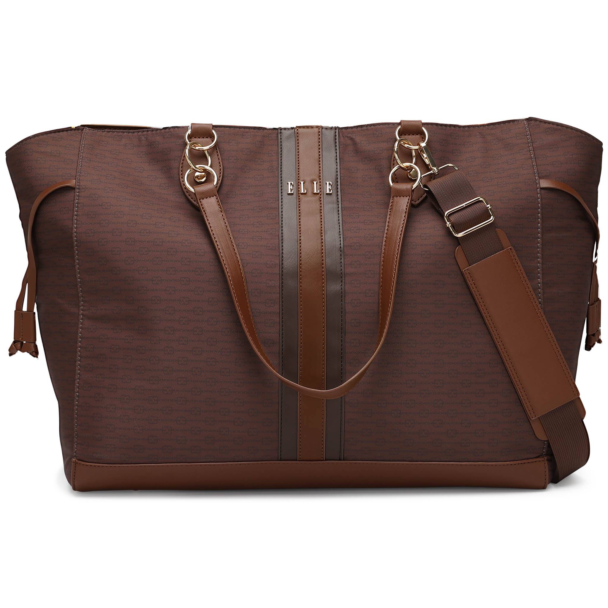 Front. Elle - ELLE Eleganza 32L Monogram Weekender Duffel Bag | Brown - Brown.