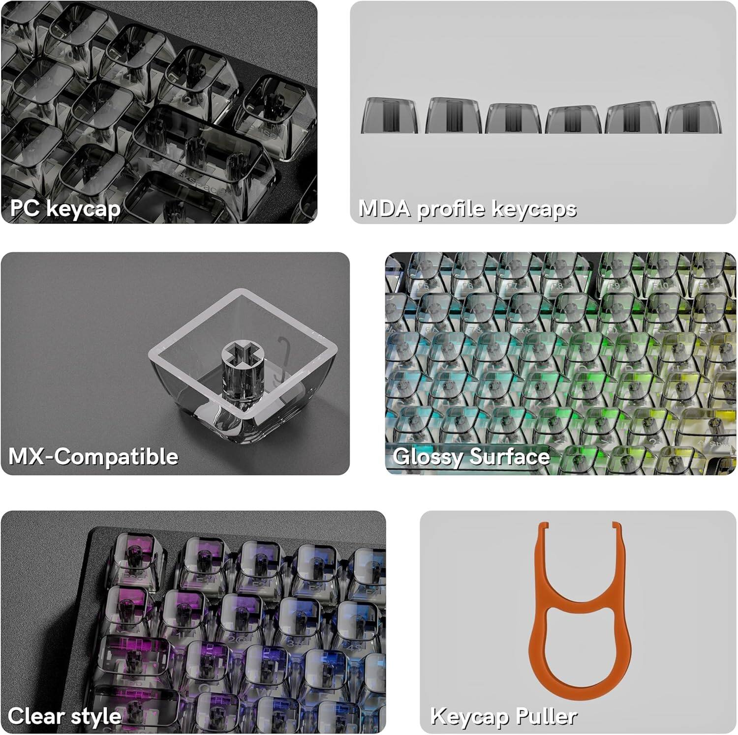 PC keycap  
MDA profile keycaps  
MX-Compatible  
Glossy Surface  
Clear style  
Keycap Puller