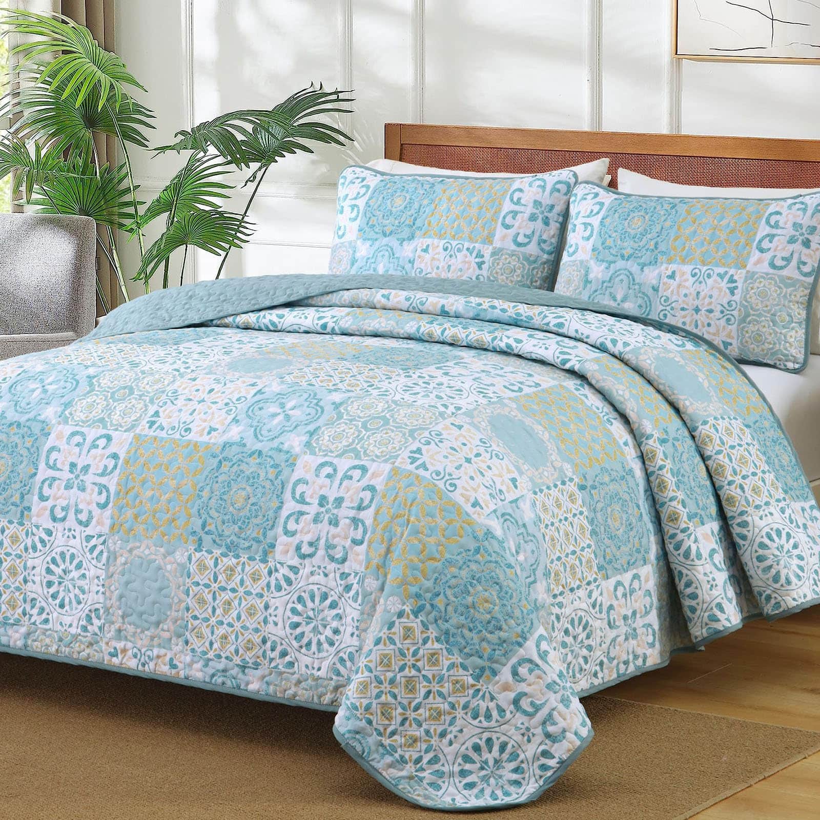 Paradigms Interiors - Quilt Set Size Boho Plaid Patchwork Bedspreads Coverlet 3 Pieces Soft Lightweight Microfiber Fall Bedding F - Aqua Blue-Queen
