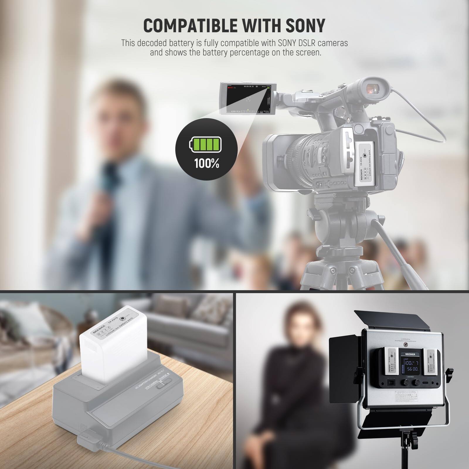 COMPATIBLE WITH SONY

This decoded battery is fully compatible with SONY DSLR cameras and shows the battery percentage on the screen.

100%