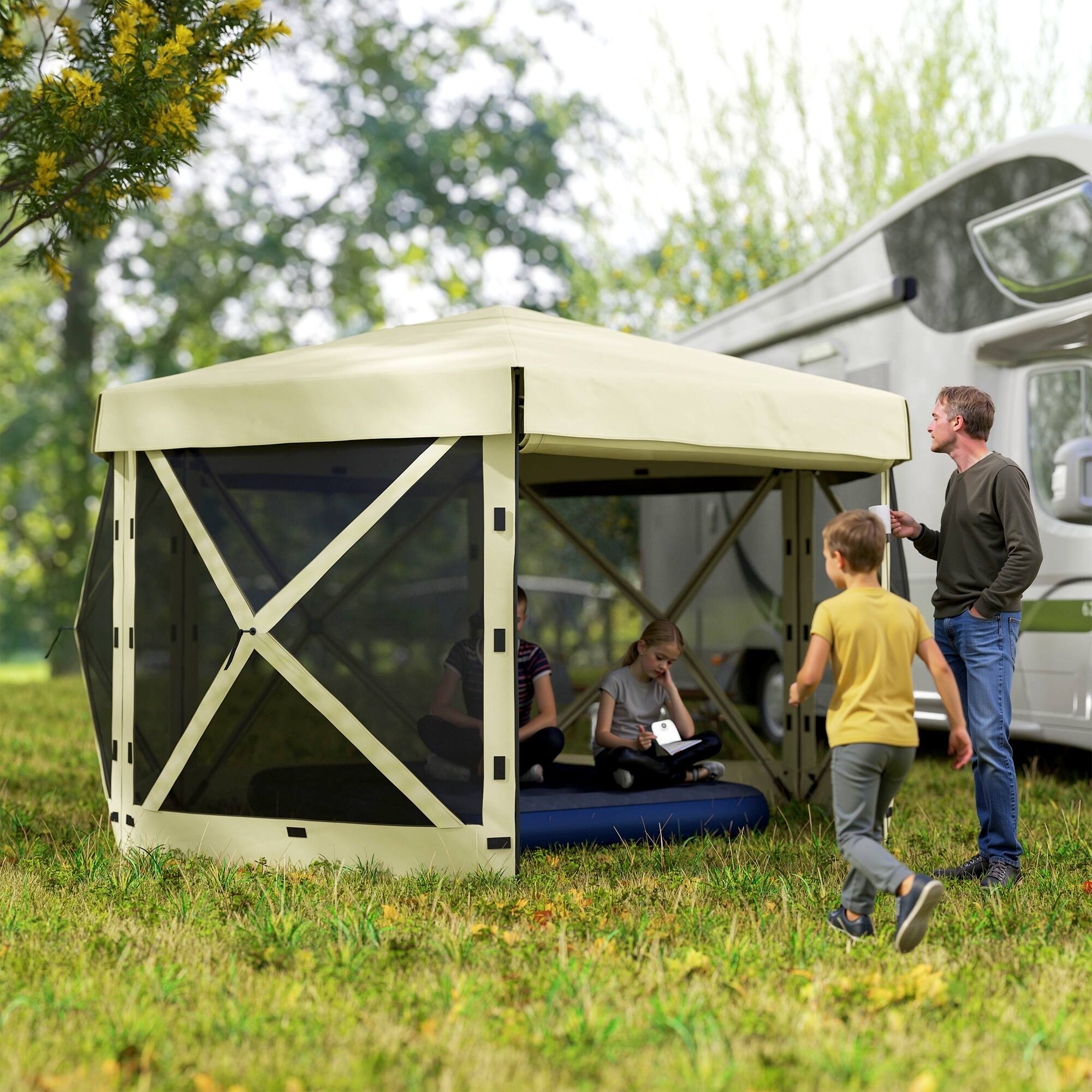 Alt View 1. Outsunny - 12' x 12' Hexagonal Pop Up Gazebo Canopy Tent with 5 Sidewalls, Waterproof Portable Outdoor Canopy Shelter - Beige.