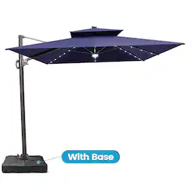 Crestlive Products - 9x11ft Aluminum Double Top Crank Cantilever Patio Umbrella with Lights with Base - Navy blue