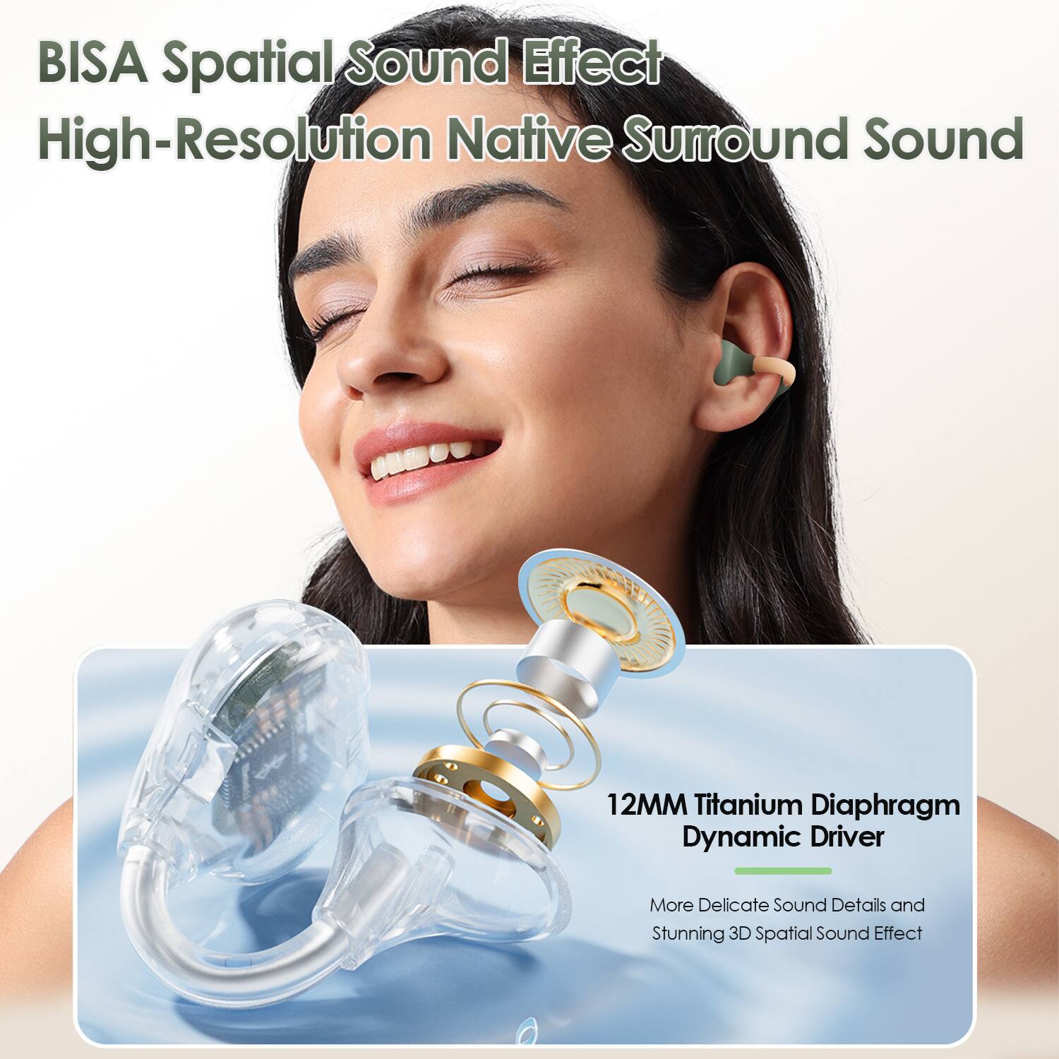 BISA Spatial Sound Effect  
High-Resolution Native Surround Sound  

12MM Titanium Diaphragm Dynamic Driver  
More Delicate Sound Details and Stunning 3D Spatial Sound Effect