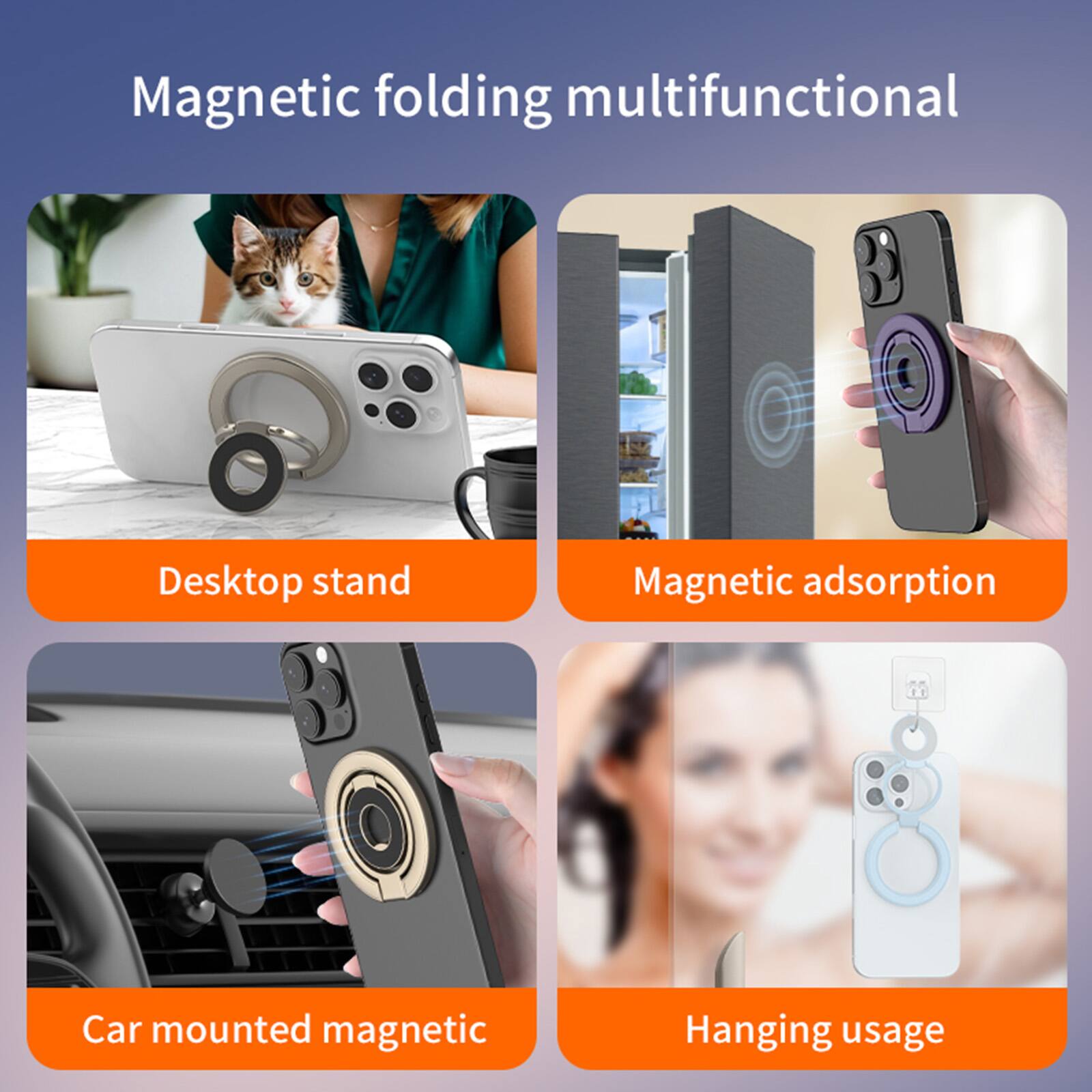 Magnetic folding multifunctional

- Desktop stand
- Magnetic adsorption
- Car mounted magnetic
- Hanging usage