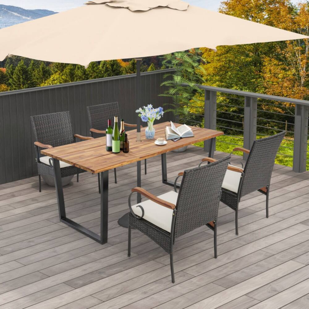 Angle. Mondawe - 5 Pieces Patio Rattan Dining Set with Umbrella Hole for Poolside Backyard - Mix Brown.