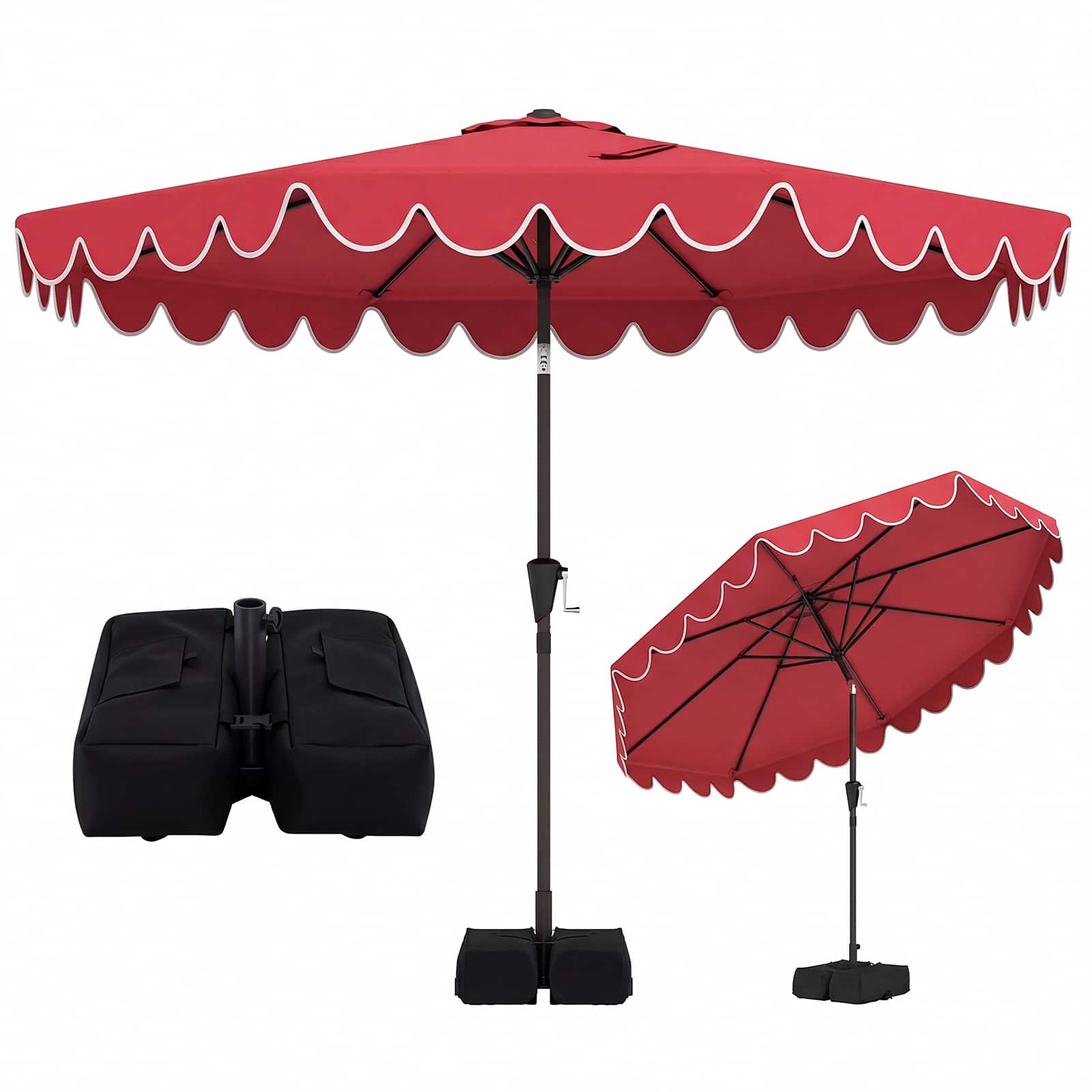 Gymax - 10 FT Outdoor Umbrella w/ Weighted Base Sandbags Push Button Tilt & Crank Patio Wine - Red
