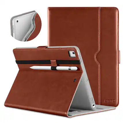 Front. DTTO - for iPad 9.7 Inch 5th/6th Gen 2018/2017 Case with Apple Pencil Holder, Premium Leather Folio Stand Cover Case - Brown.