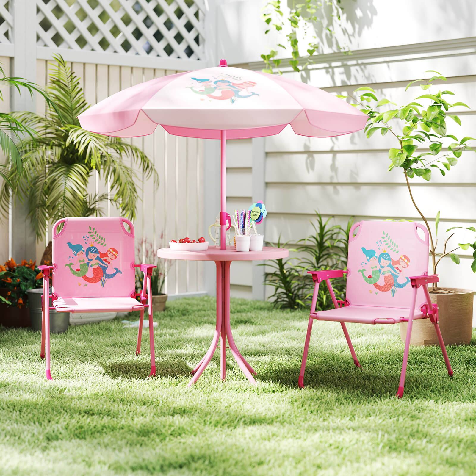 Alt View 1. Costway - Costway Kids Picnic Table & Chair Set with 2 Folding Chairs & Height Adjustable Umbrella - Pink.